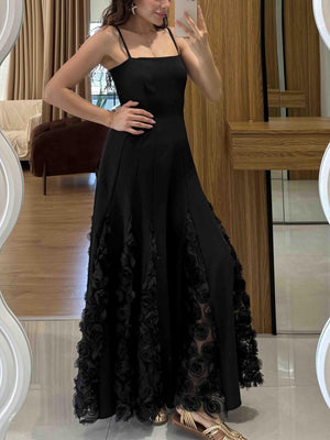 Aurohaya Elegant Rose Floral Applique Spaghetti Strap Midi Dress