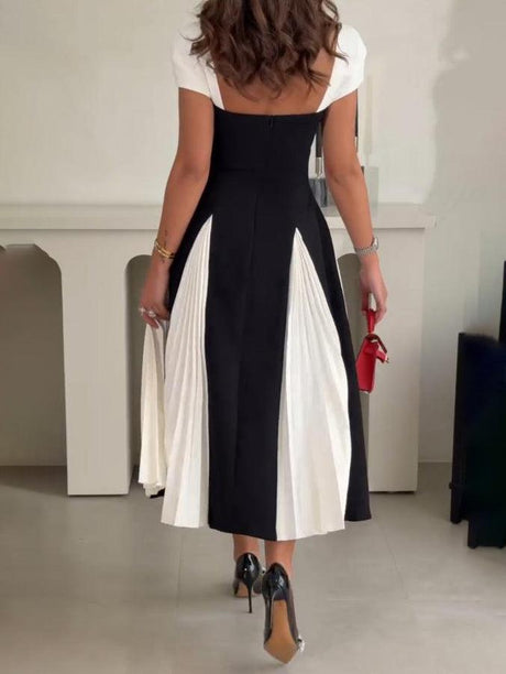 Aurohaya Elegant Contrast Pleated Panel Midi Dress