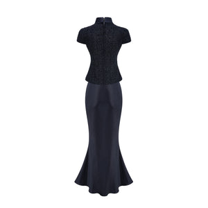 Aurohaya Josette blue peplum-waist panelled maxi dress