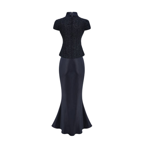 Aurohaya Josette blue peplum-waist panelled maxi dress