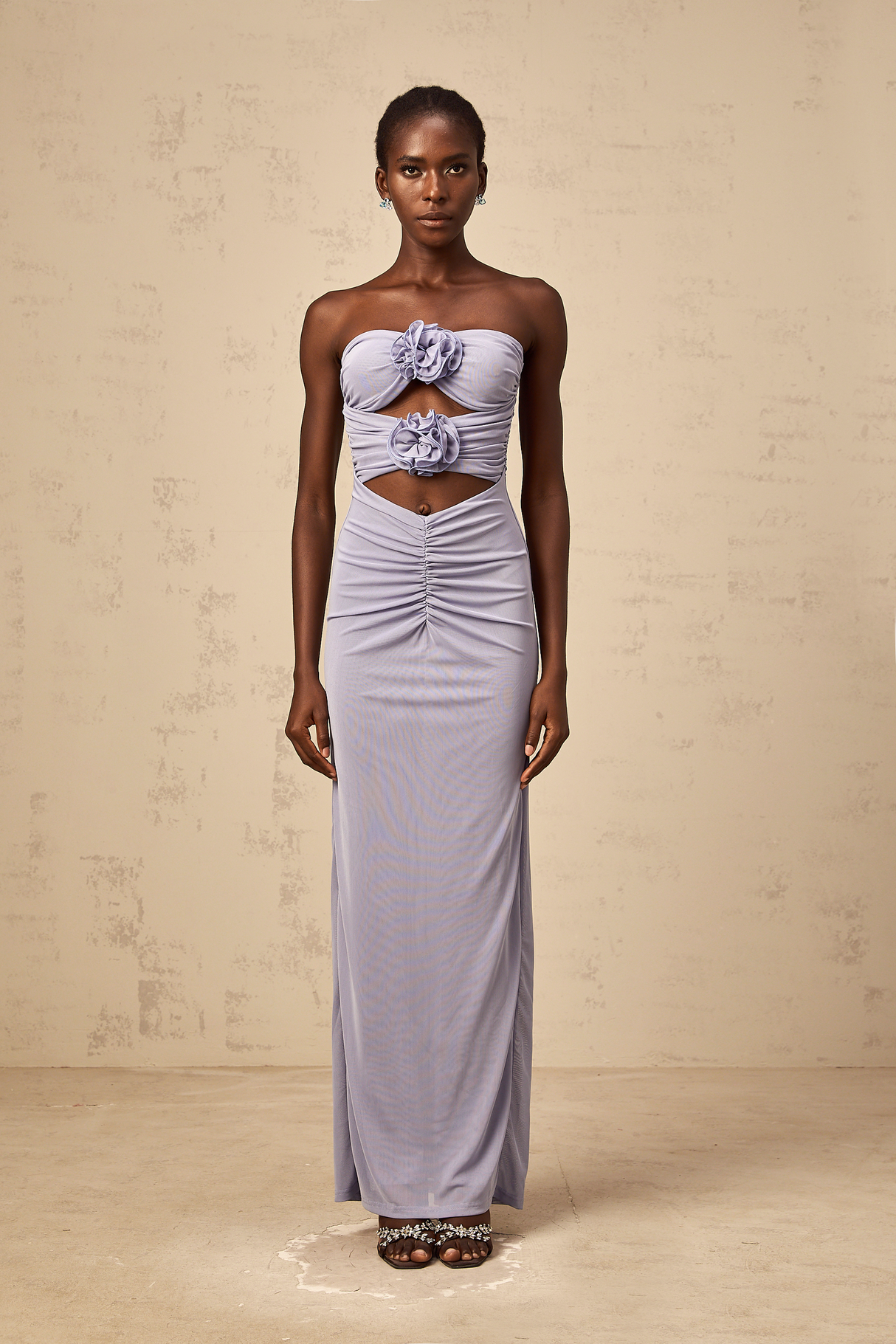 Aurohaya Karine lavender 3D-petal ruched corset maxi dress
