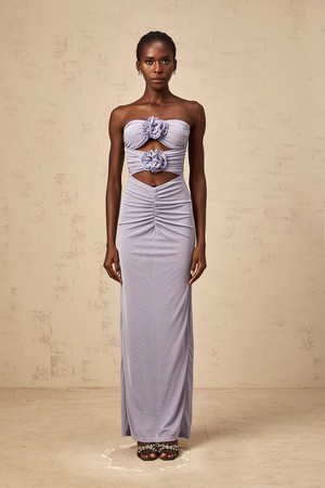Aurohaya Karine lavender 3D-petal ruched corset maxi dress