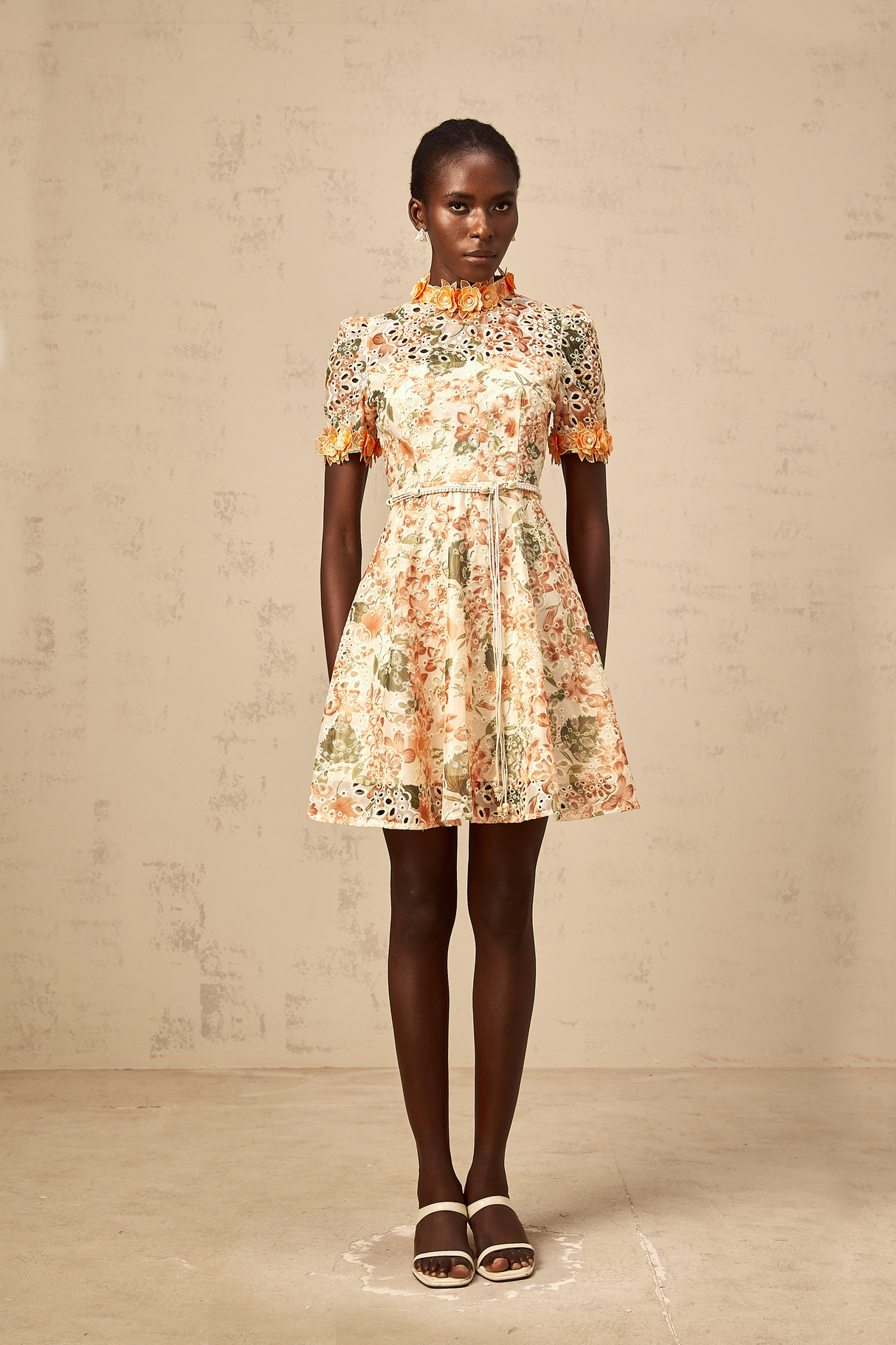 Aurohaya Lilou orange flower-embroidered embellished mini dress