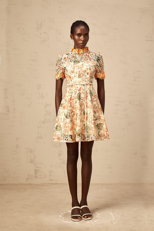 Aurohaya Lilou orange flower-embroidered embellished mini dress
