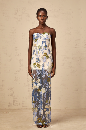 Aurohaya Patricia blue sequined flower-embroidered corset tulle maxi dress