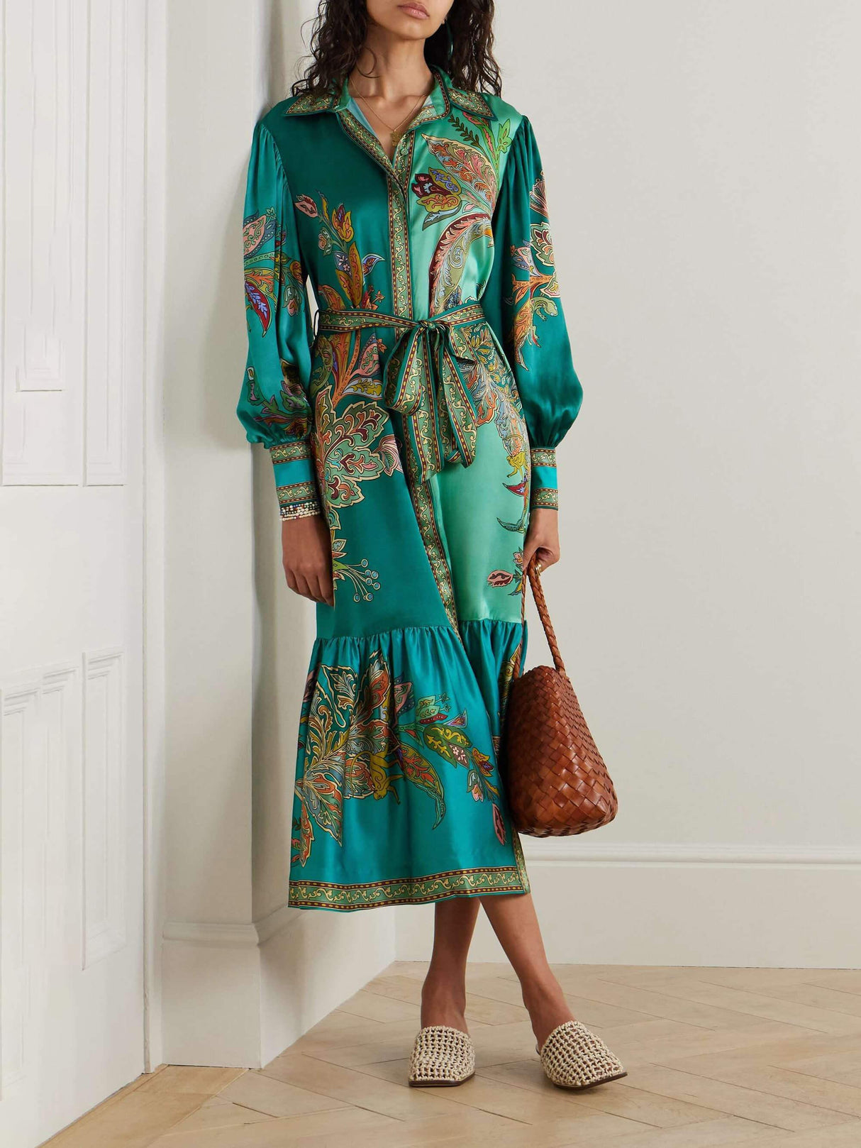 Aurohaya Delicate Satin Floral Print Single Breasted Midi Dress Green