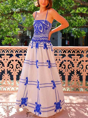 Aurohaya Unique Painted Crochet Floral Print Midi Dress Blue