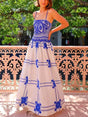 Aurohaya Unique Painted Crochet Floral Print Midi Dress Blue