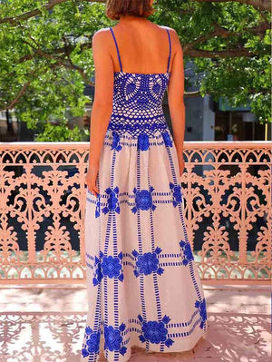 Aurohaya Unique Painted Crochet Floral Print Midi Dress