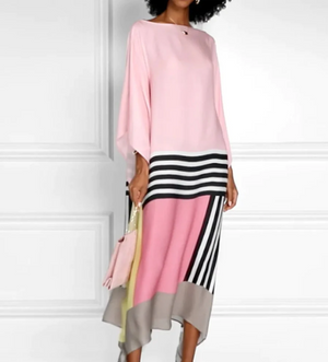 Aurohaya Unique Satin Striped Contrast Bat Sleeve Midi Dress Pink