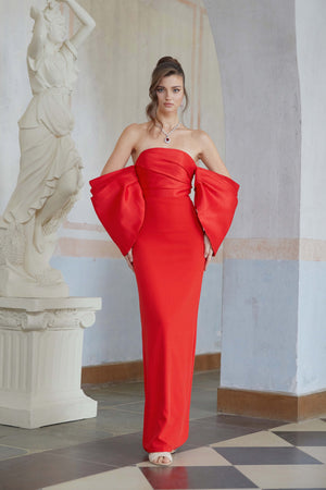 Aurohaya Verity Red Off Shoulder Gathered Maxi Gown
