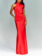 Aurohaya Elegant Asymmetric Neckline Pleated Party Maxi Dress Red