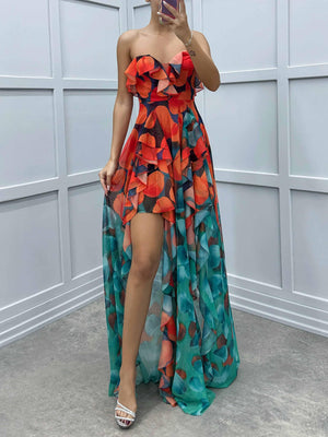 Aurohaya Gradient Print Irregular Ruffle Maxi Dress