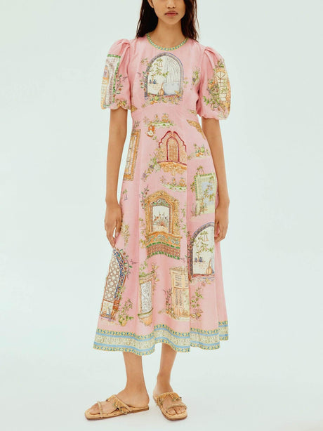 Aurohaya Exquisite Garden Print Puff Sleeve A-Line Midi Dress Pink