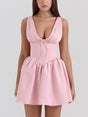Aurohaya Elegant Satin Bow V Neck Mini Dress Pink