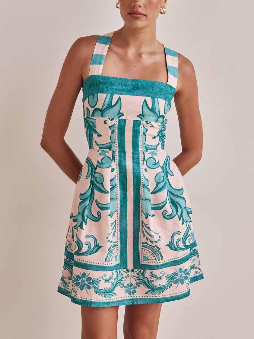 Aurohaya Exquisite Painted Floral Print Camisole Mini Dress Green