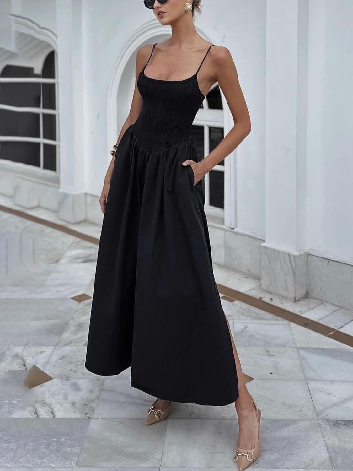 Aurohaya Fashionable Spaghetti Strap Solid Color Slit Midi Dress Black
