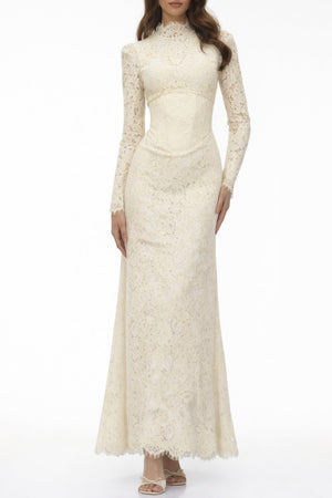 Aurohaya Maggie Ivory High Neck Floral Lace Maxi Dress