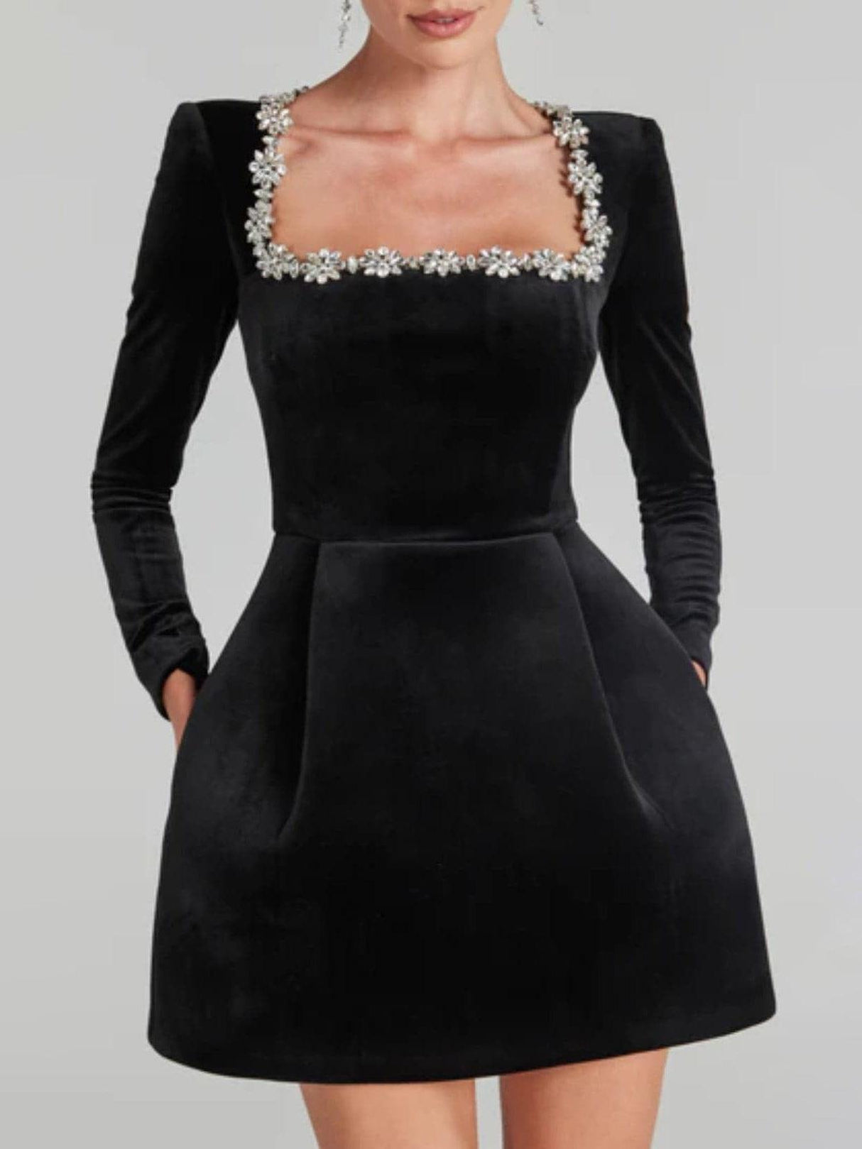 Aurohaya Elegant Square Neck Crystal Embellished Mini Dress Black