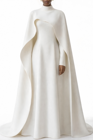 Aurohaya Antonina White Cape Maxi Gown with Long Sleeves