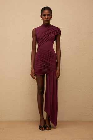 Aurohaya Fée Burgundy Asymmetrical Ruched Mini Dress