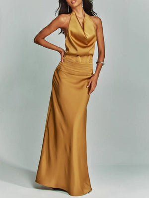 Aurohaya Elegant Chic Halter Neck Satin Party Maxi Dress