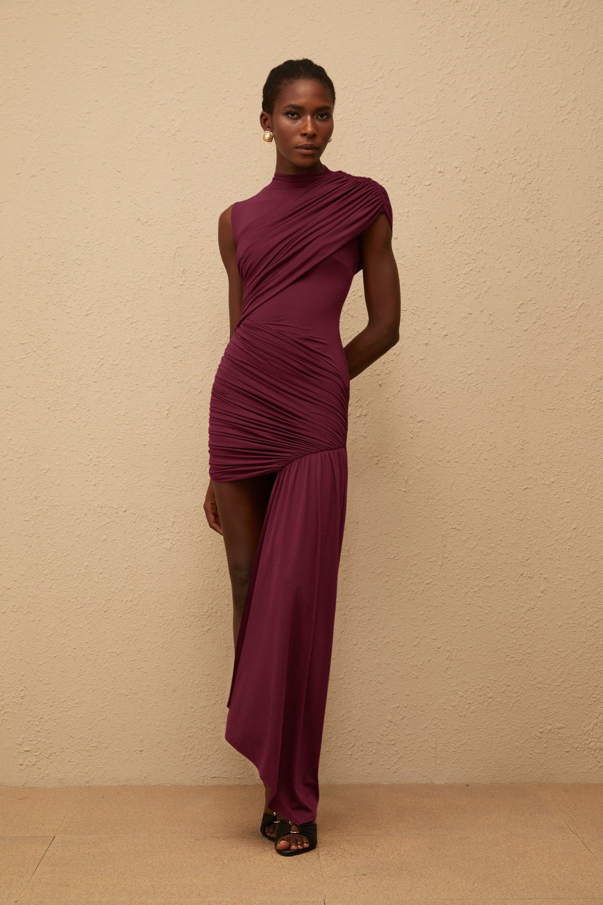Aurohaya Fée Burgundy Asymmetrical Ruched Mini Dress