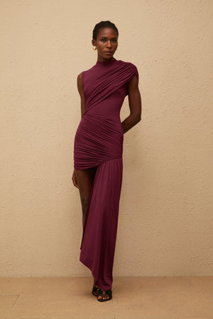 Aurohaya Fée Burgundy Asymmetrical Ruched Mini Dress