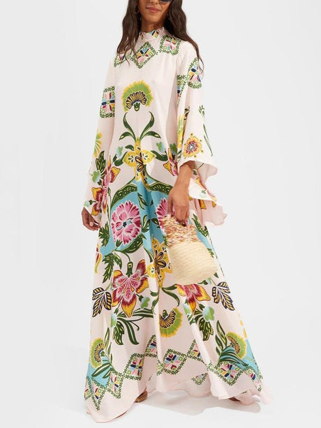 Aurohaya Exquisite Sunshine Floral Print Flowing Maxi Dress Cream