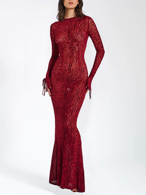 Aurohaya Exquisite Leopard Velvet Mesh Halter Maxi Dress