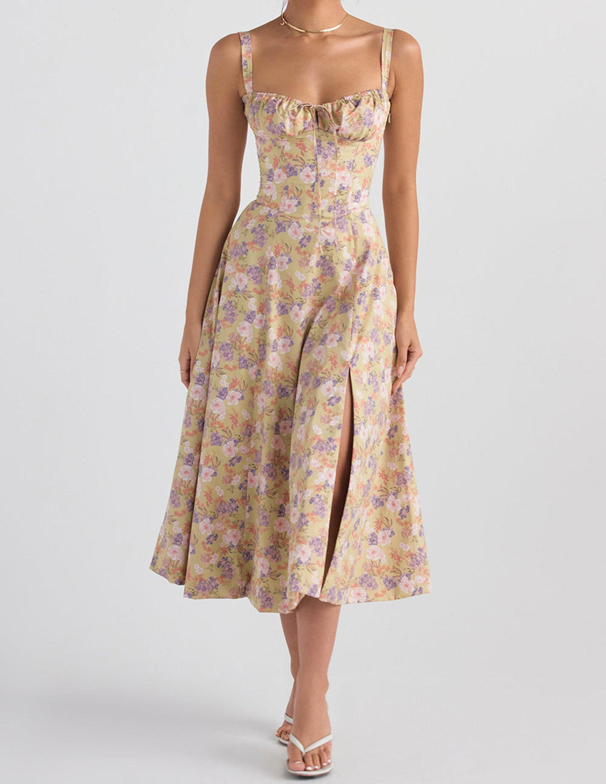 Aurohaya Rose Print Herringbone Slip Dress Golden Bloom