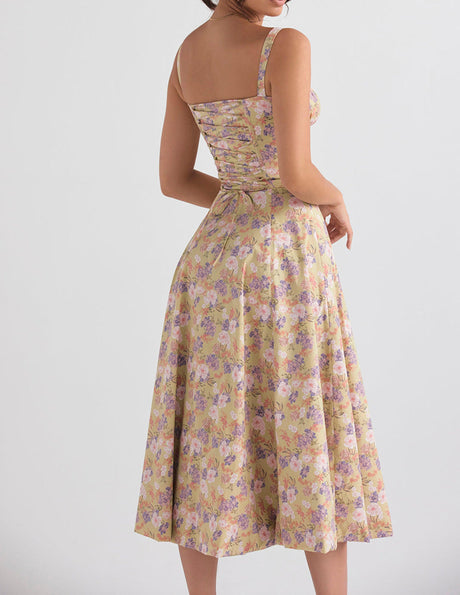 Aurohaya Rose Print Herringbone Slip Dress