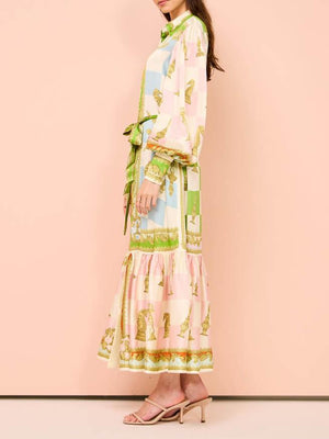 Aurohaya Unique Vintage Floral Lapel Single Breasted Midi Dress