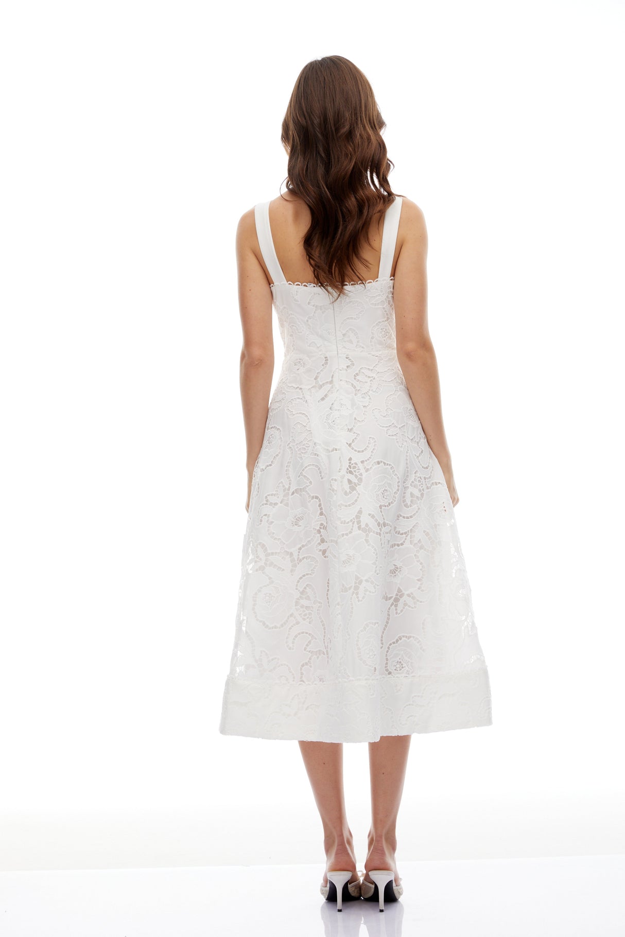 Aurohaya Genevieve White Floral Embroidered Lace Midi Dress