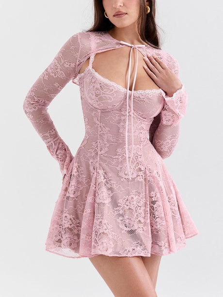 Aurohaya Elegant Vintage Sexy Lace Mini Dress Pink