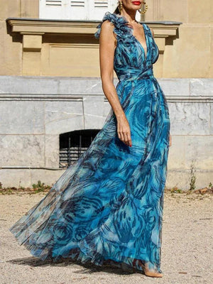 Aurohaya Fashionable Pleated Personalized Print Maxi Dress Blue