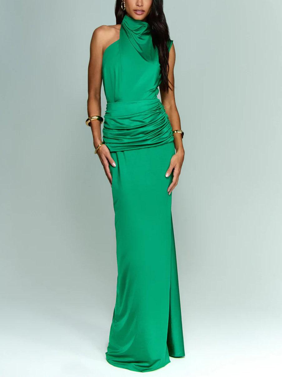 Aurohaya Elegant Asymmetric Neckline Pleated Party Maxi Dress Green