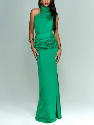 Aurohaya Elegant Asymmetric Neckline Pleated Party Maxi Dress Green