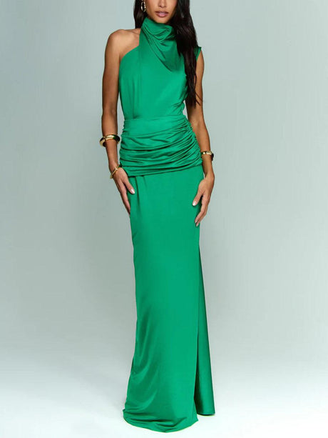 Aurohaya Elegant Asymmetric Neckline Pleated Party Maxi Dress Green
