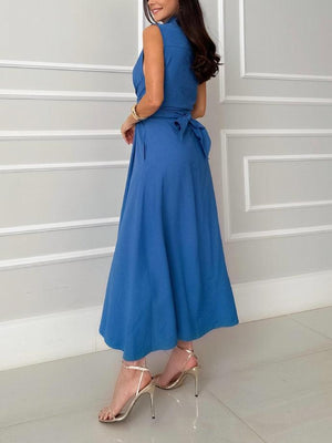 Aurohaya Unique Shirt Style Single-breasted Tie Midi Dress