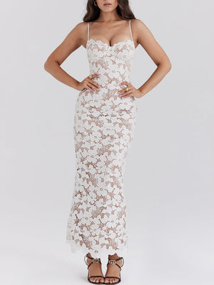 Aurohaya Stylish Sexy Lace Halter See-Through Midi Dress