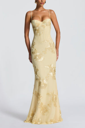 Aurohaya Théoline Yellow Floral Appliqué Corset Maxi Dress