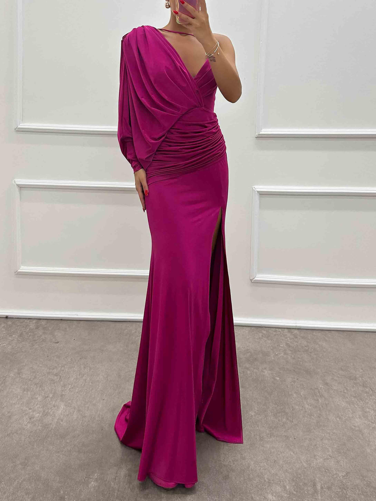 Aurohaya Fashion V-Neck Pleated Slit Sexy Maxi Dress Rose purple