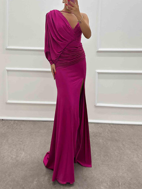 Aurohaya Fashion V-Neck Pleated Slit Sexy Maxi Dress Rose purple