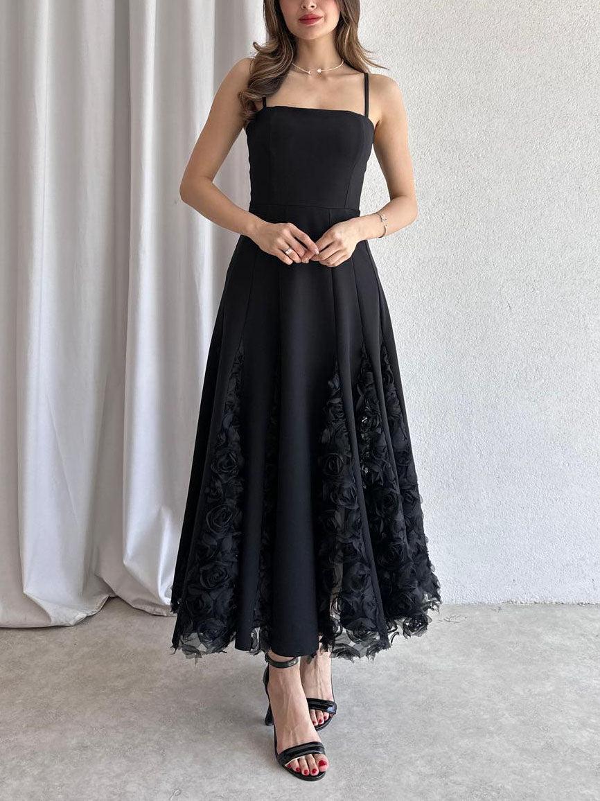 Aurohaya Elegant Rose Floral Applique Spaghetti Strap Midi Dress