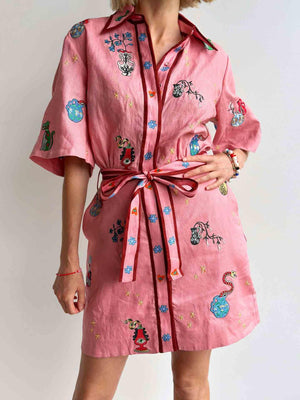 Aurohaya Casual Printed Shirt Collar Single-breasted Mini Dress Pink