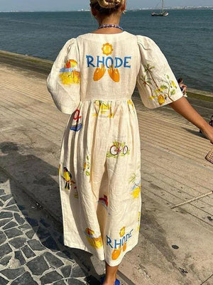 Aurohaya Unique Holiday Folk Floral Print Puff Sleeve Midi Dress