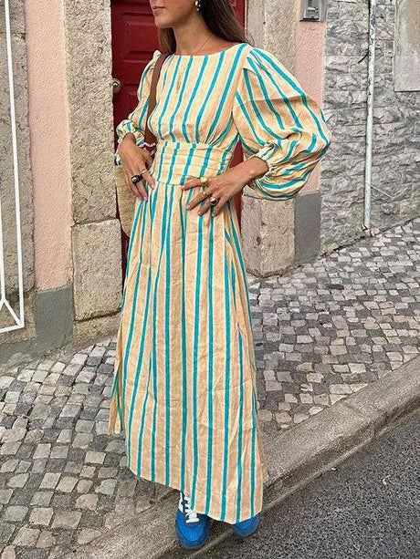 Aurohaya Striped Floral Print Sexy Backless Midi Dress