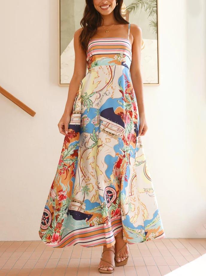 Aurohaya Unique Geographic Floral Print Midi Dress Multicolor