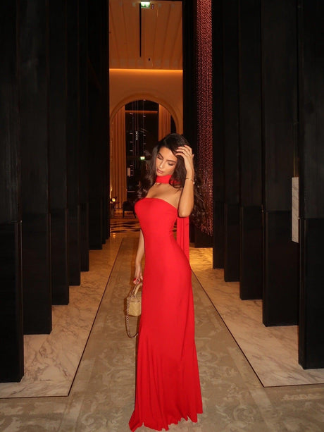 Aurohaya Women's High-Neck Ruched Maxi Dress